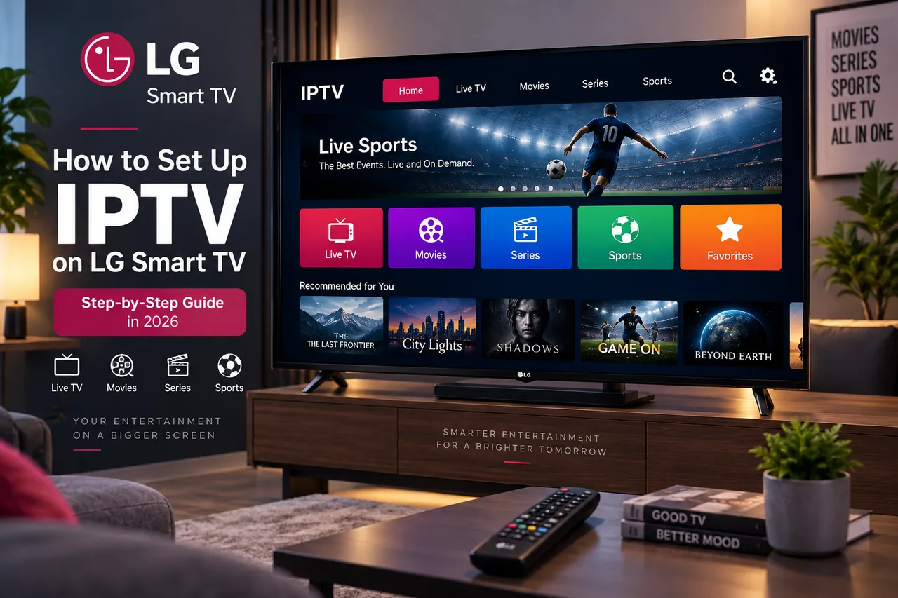 IPTV streaming on an LG Smart TV with live channels and electronic program guide
