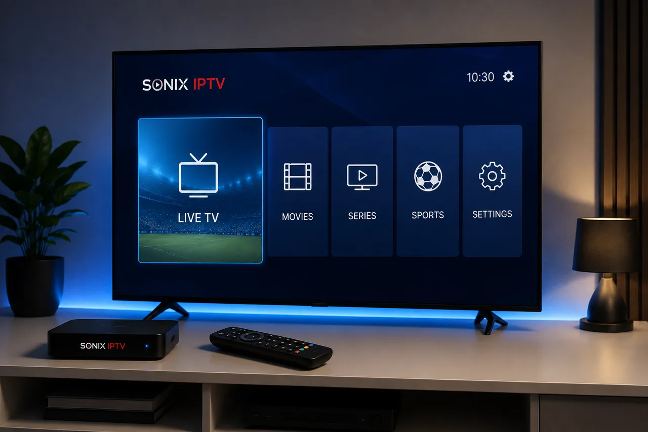 Sonix IPTV Live TV, Movies, Series and Sports menu shown on a TV connected to a streaming box and remote