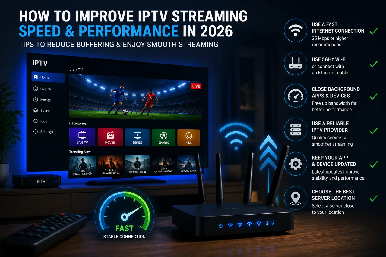 Router and TV showing the Sonix IPTV Live TV interface, illustrating tips to improve streaming speed and reduce buffering