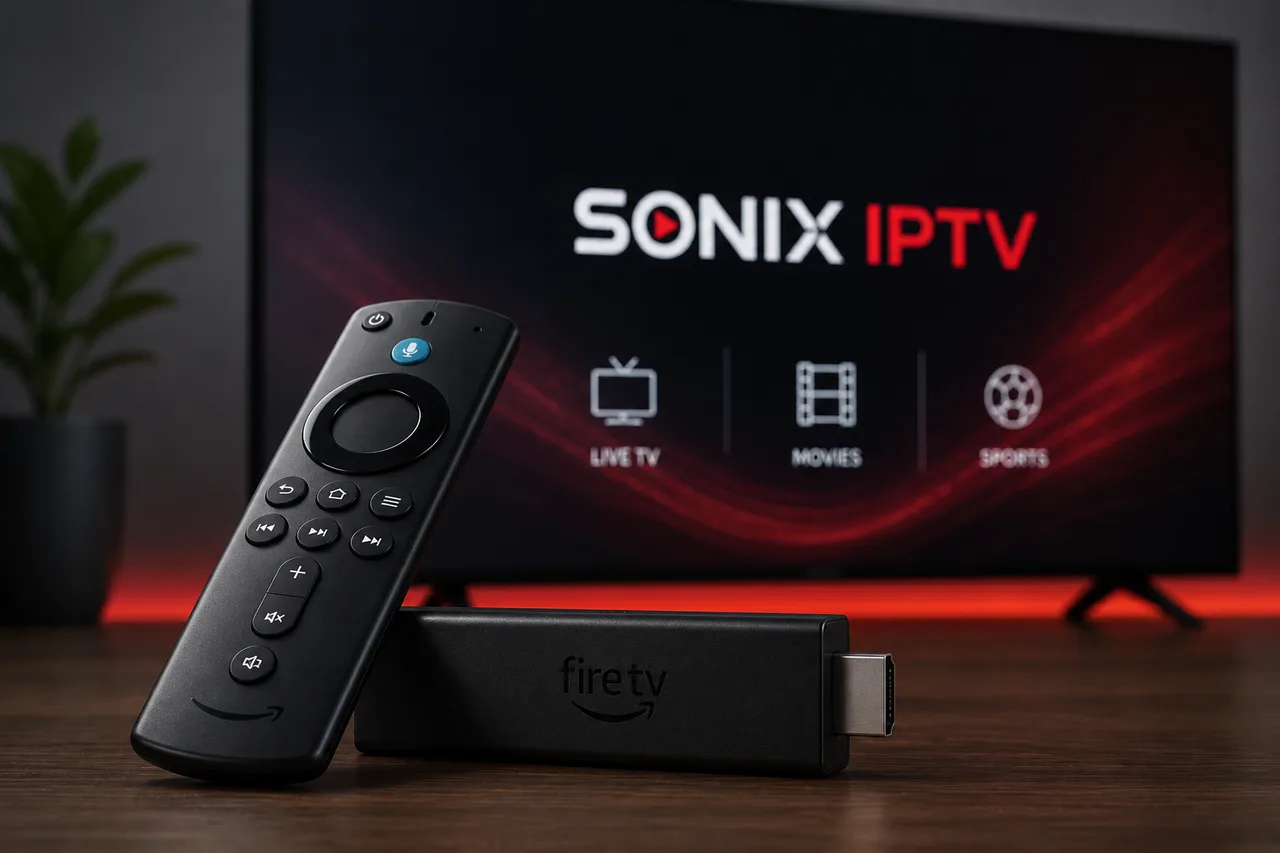 Sonix IPTV running on an Amazon Fire TV Stick, showing the Live TV, Movies and Sports menu on a connected TV