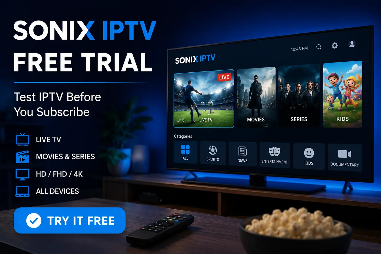 Sonix IPTV Free Trial promo showing the Live TV, Movies, Series and Kids menu on a TV with a Try It Free button