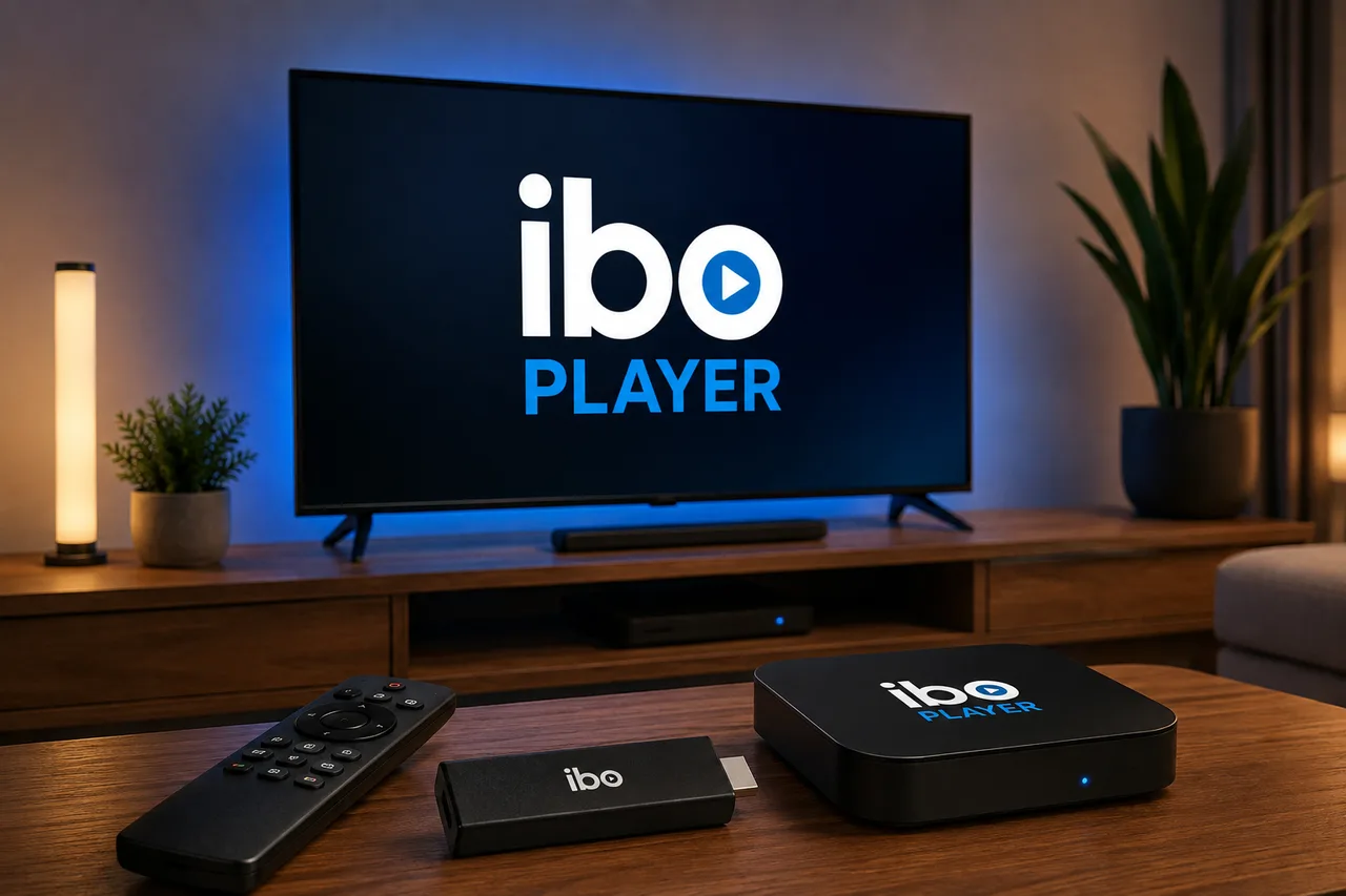 IBO Player logo on a TV screen next to the IBO Player streaming stick, box and remote on a media console