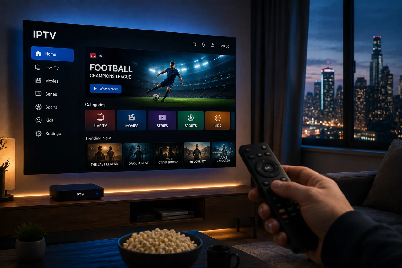 Person holding a remote control while watching the Sonix IPTV Live TV interface on a TV