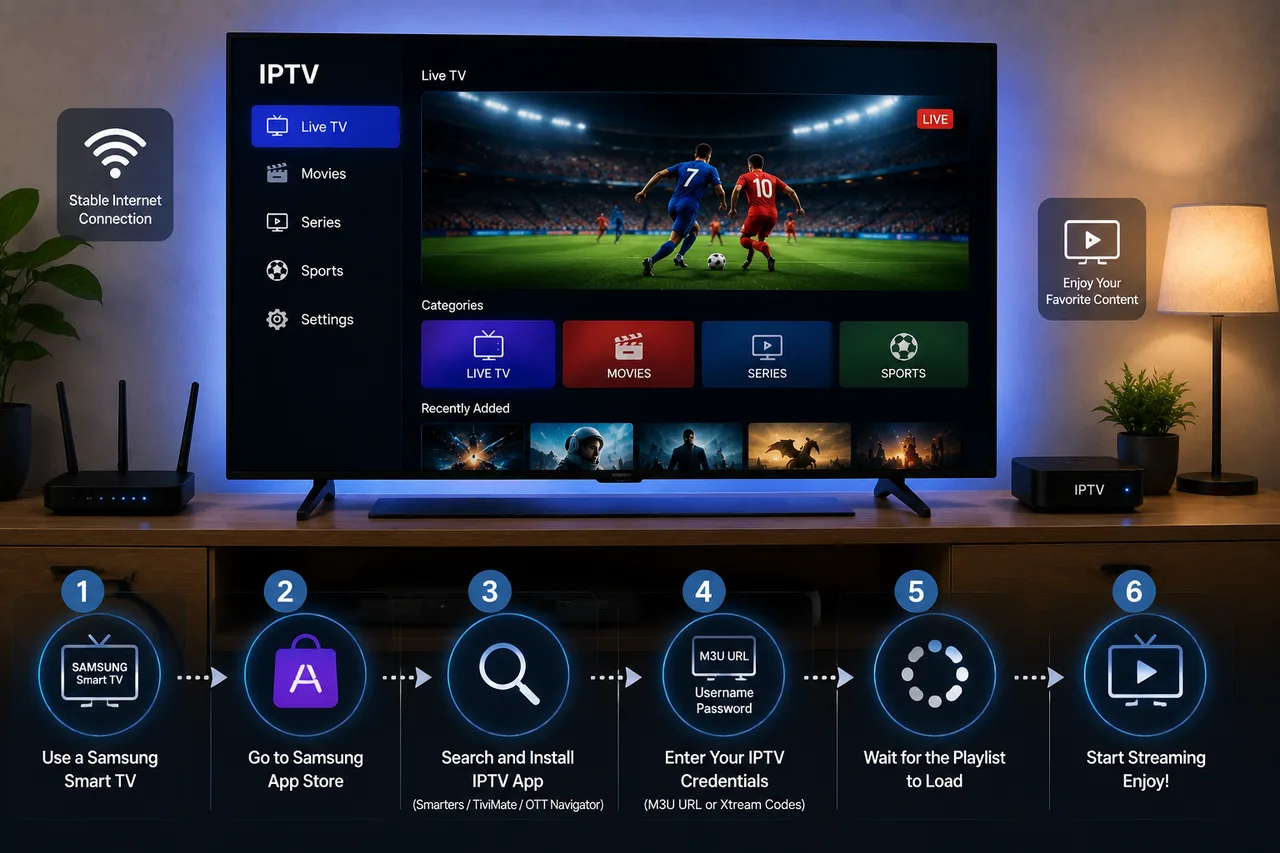 Samsung Smart TV showing the Sonix IPTV Live TV interface with the step-by-step app installation process