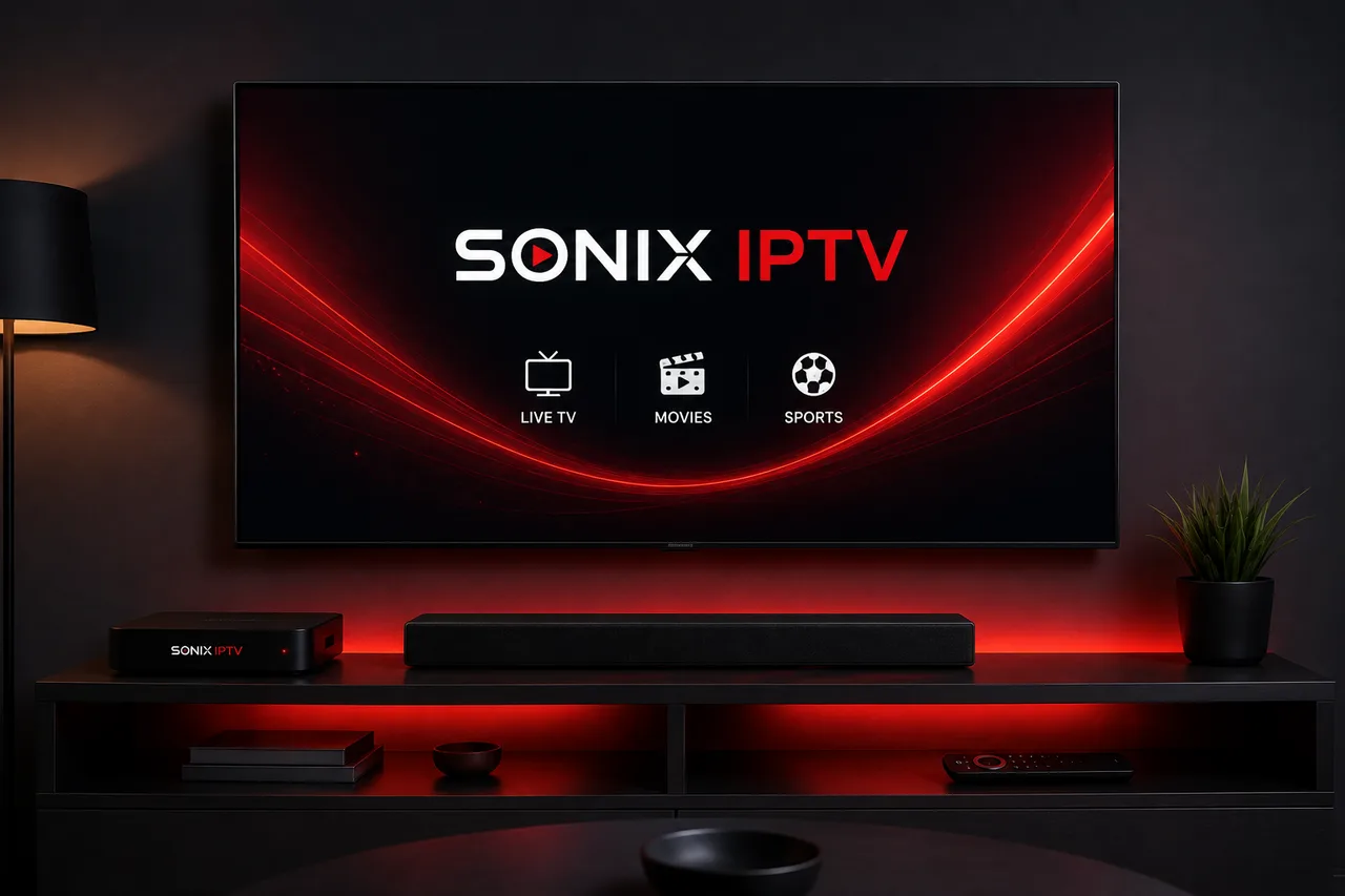 Sonix IPTV Live TV, Movies and Sports menu displayed on a TV in a living room