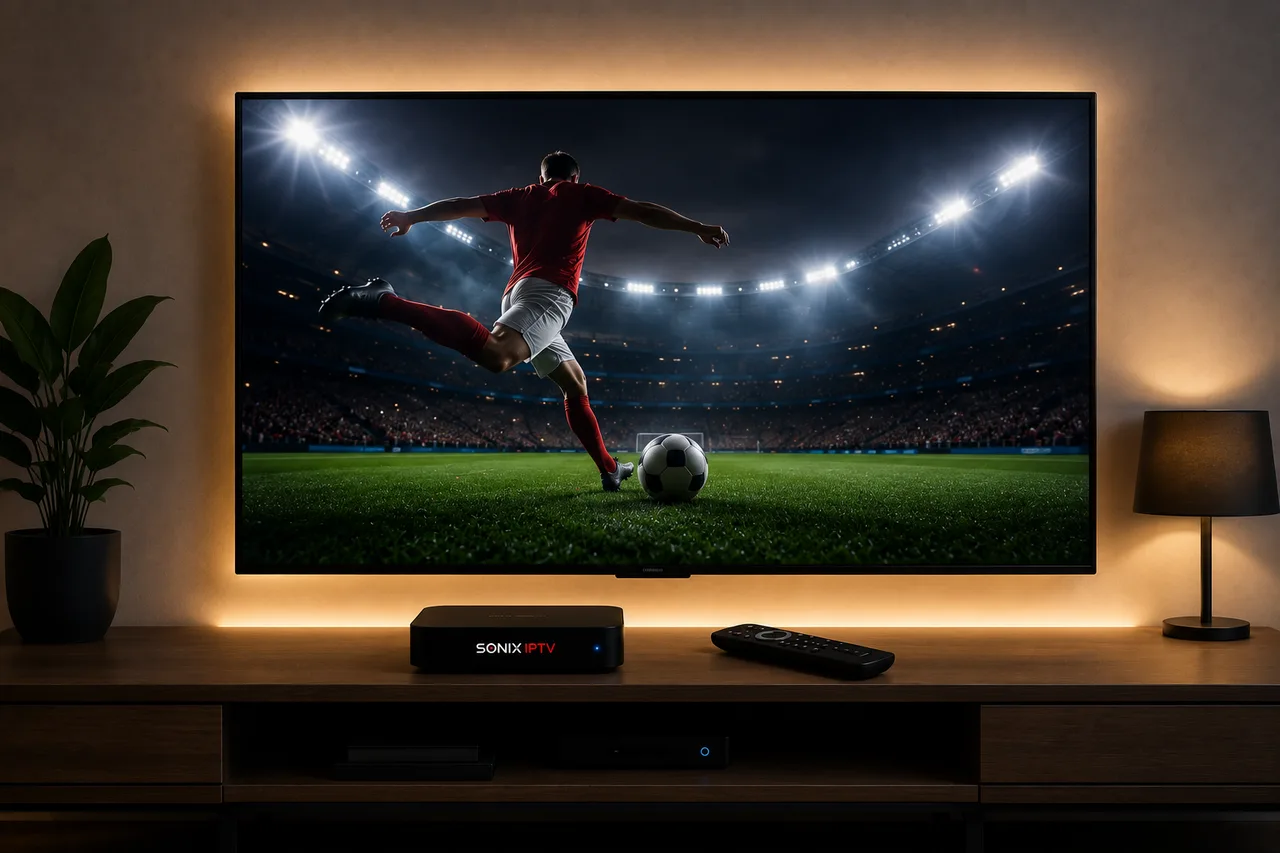 Live football match on a TV screen with a Sonix IPTV streaming box on the media unit below