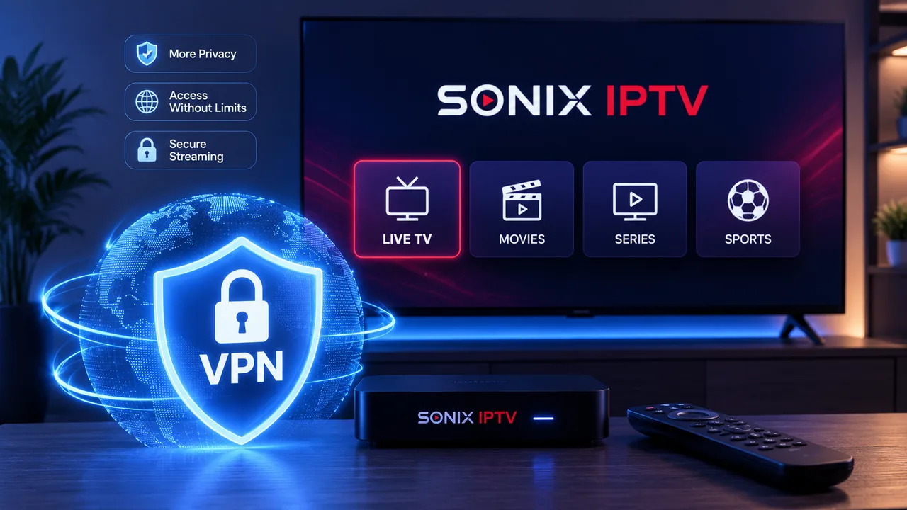 VPN shield and globe graphic beside a TV showing the Sonix IPTV Live TV, Movies, Series and Sports menu