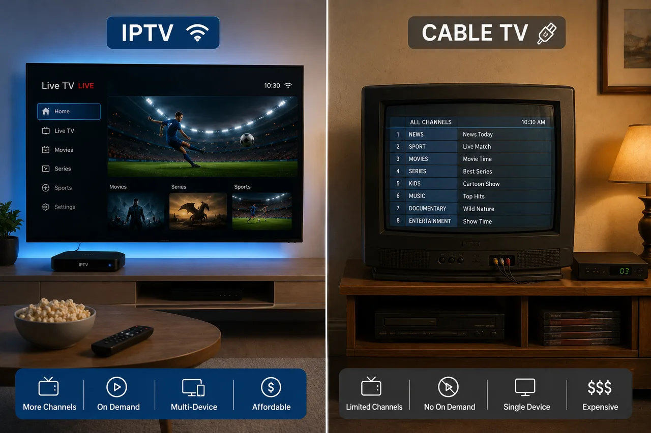 Side-by-side comparison of an IPTV interface with more channels and on-demand content versus a traditional cable TV channel list