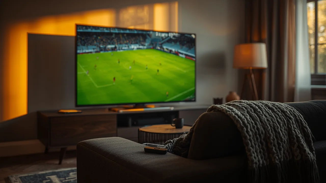 Live football match on a large TV in a warmly lit apartment lounge, with a streaming remote and a knitted blanket on the sofa in front