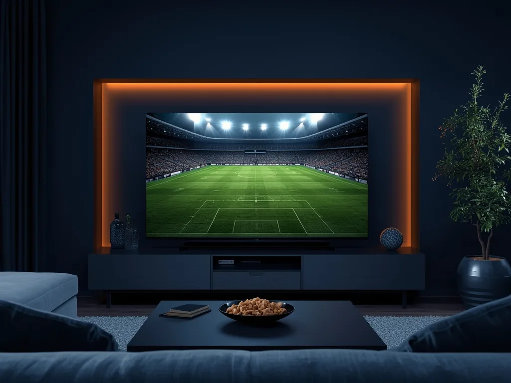 Television showing an empty stadium field in a living room