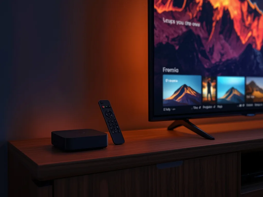 Android TV box and remote beside a television